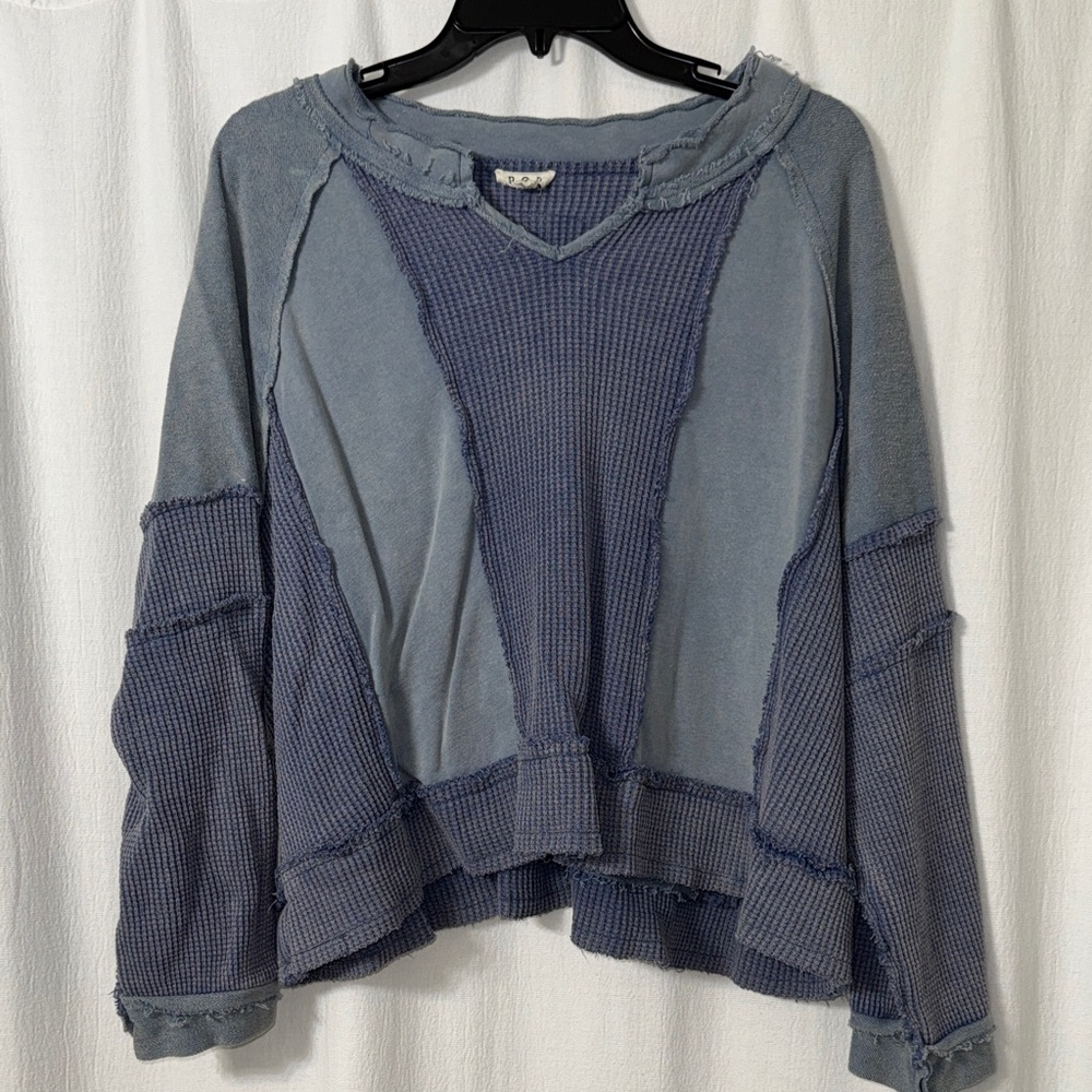 POL Blue Washed Waffle-Panel Raw-Edge Pullover Hoodie